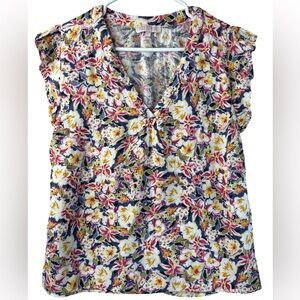 Rose & Thyme Floral V-Neck Blouse - Yellow and Red Large